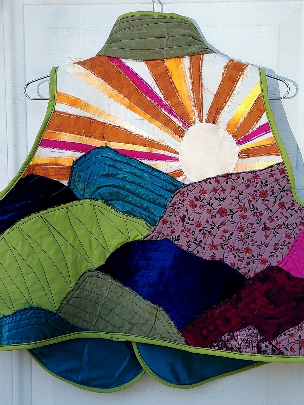 Sunrise Landscape Quilted Vest - Multicolor Artistic Patchwork Handmade